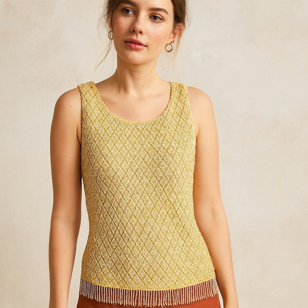 Vintage 60s Harilela's Hong Kong Beaded Golden Yellow Lined Wool Sweater M